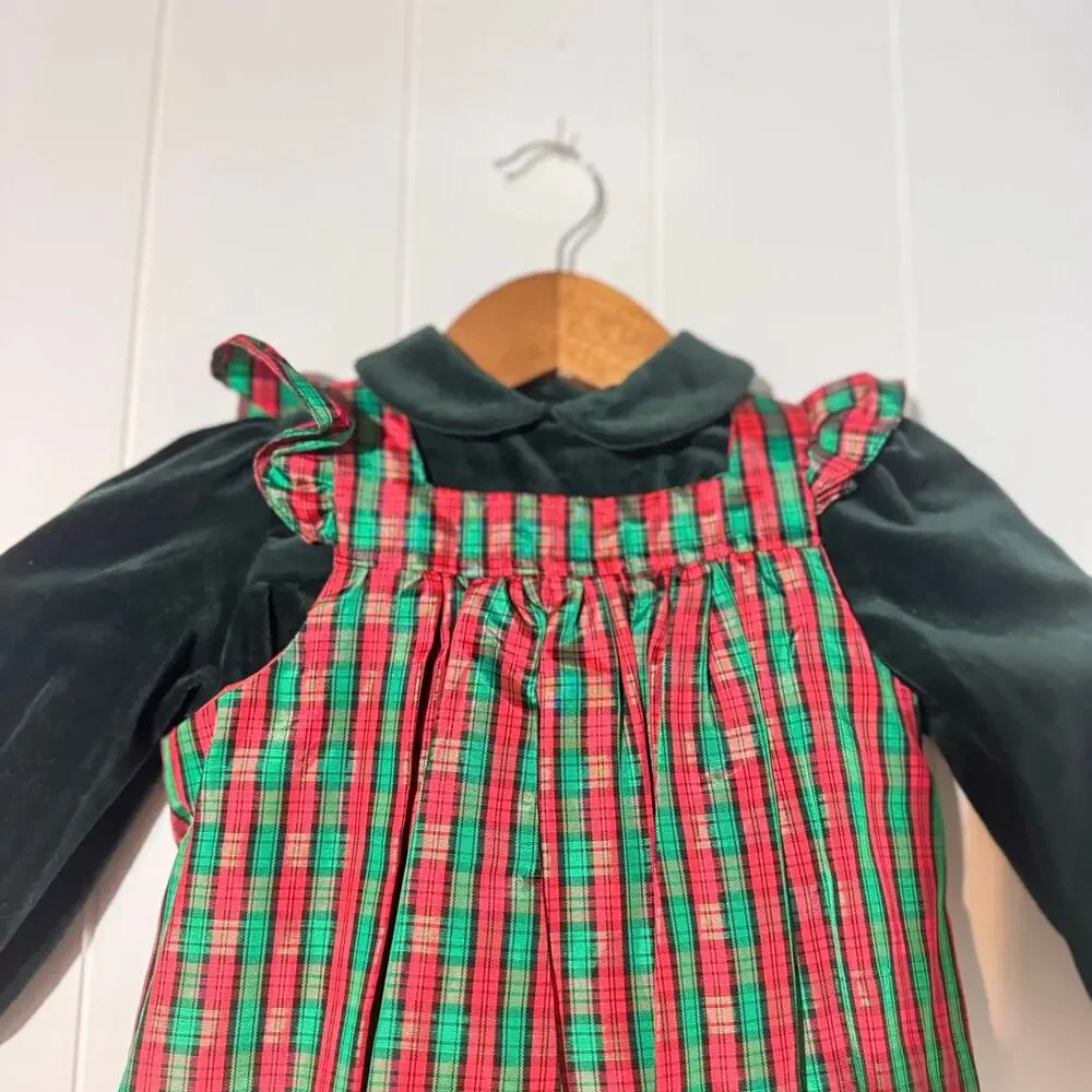 Handmade Girls Christmas Plaid Velvet Dress Red Green Holiday Size 18 Months